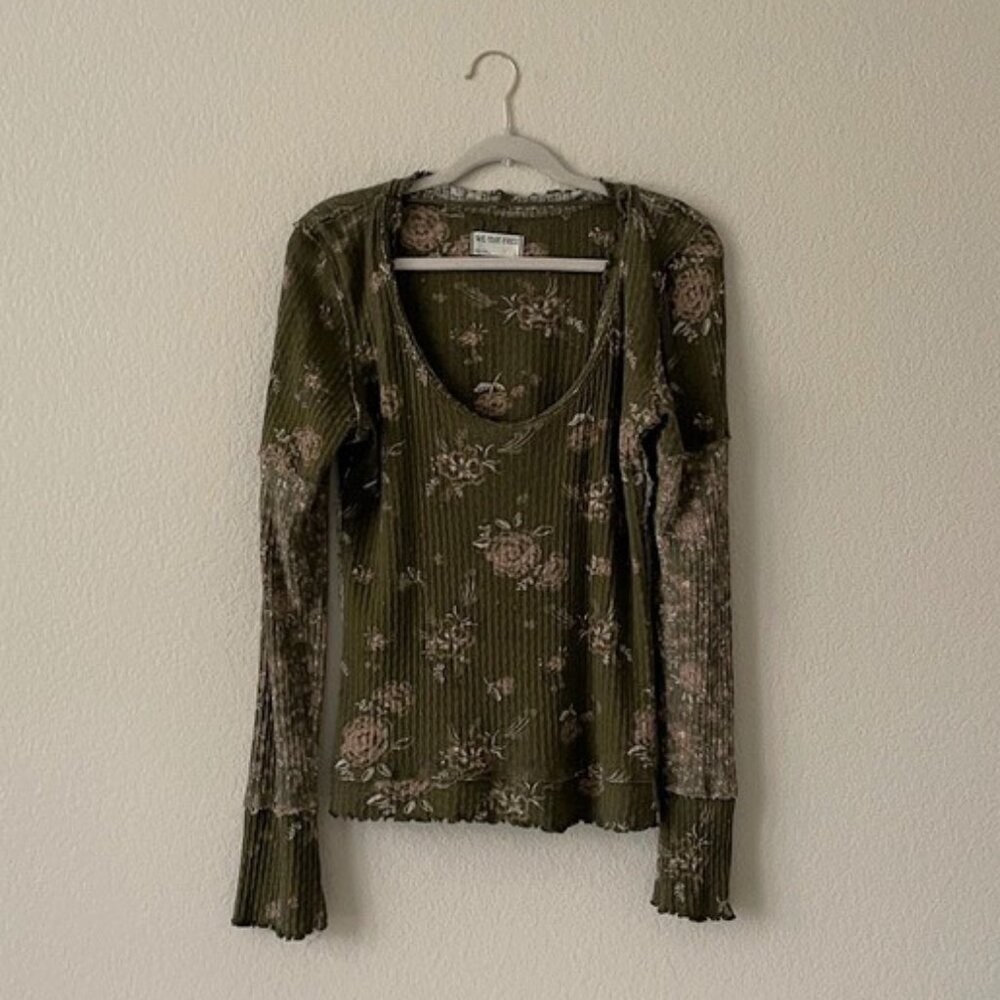Free People Olive Floral Long Sleeve Top